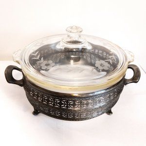Vintage Round Casserole PYREX Dish Etched Floral Lid Silver Toned Metal Holder